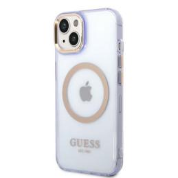 Guess Gold Outline permatomas MagSafe dėklas, skirtas iPhone 14 - violetinė