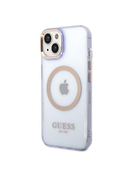 Guess Gold Outline permatomas MagSafe dėklas, skirtas iPhone 14 - violetinė Guess Gold Outline permatomas MagSafe dėklas, skirtas iPhone 14 - violetinė