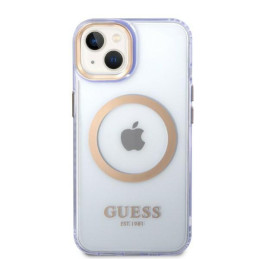 Guess Gold Outline permatomas MagSafe dėklas, skirtas iPhone 14 - violetinė
