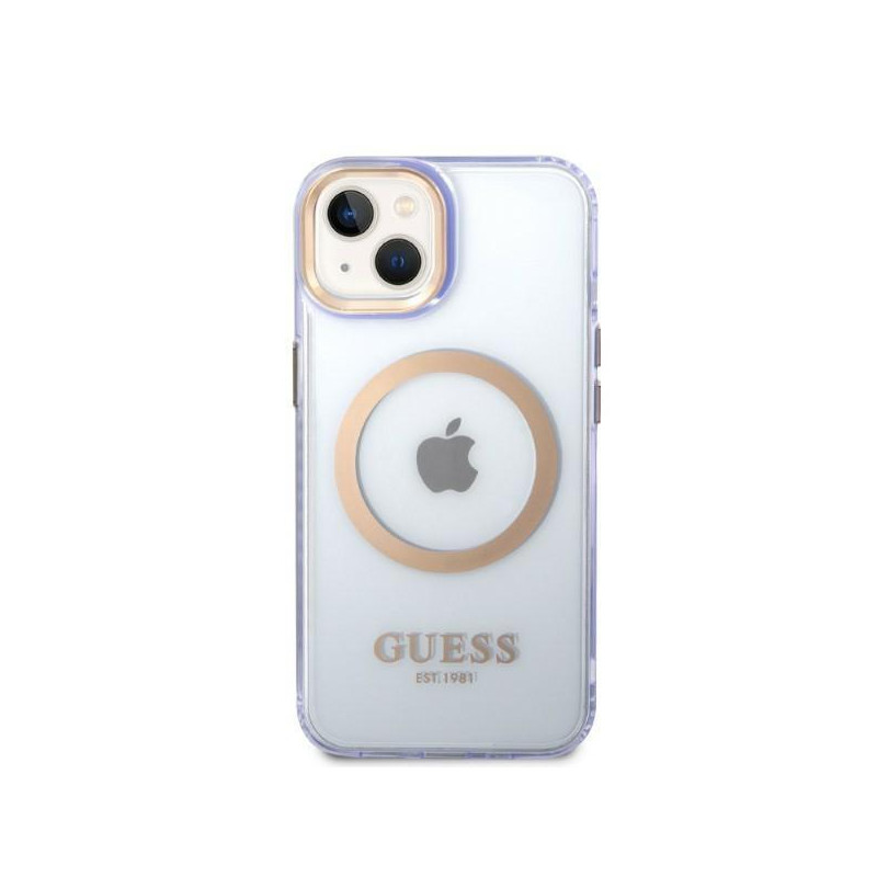 Guess Gold Outline permatomas MagSafe dėklas, skirtas iPhone 14 - violetinė