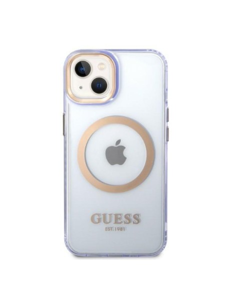 Guess Gold Outline permatomas MagSafe dėklas, skirtas iPhone 14 - violetinė Guess Gold Outline permatomas MagSafe dėklas, skirtas iPhone 14 - violetinė