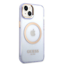 Guess Gold Outline permatomas MagSafe dėklas, skirtas iPhone 14 - violetinė
