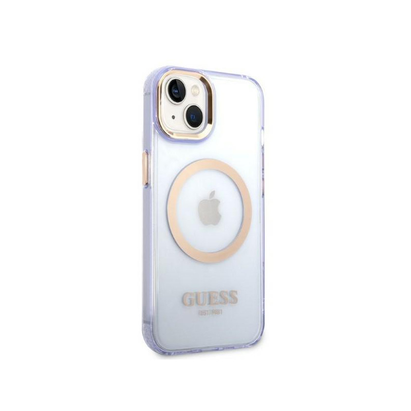 Guess Gold Outline permatomas MagSafe dėklas, skirtas iPhone 14 - violetinė