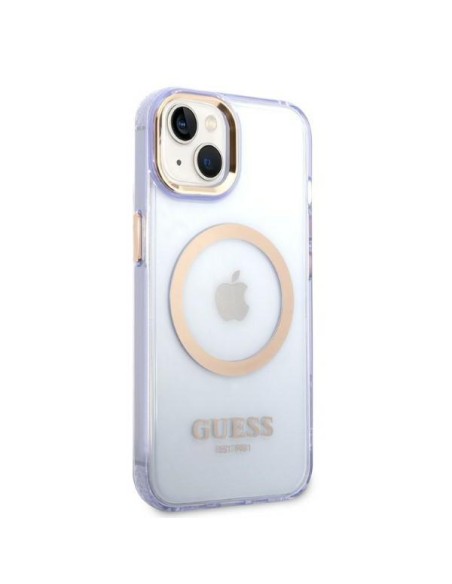 Guess Gold Outline permatomas MagSafe dėklas, skirtas iPhone 14 - violetinė Guess Gold Outline permatomas MagSafe dėklas, skirtas iPhone 14 - violetinė