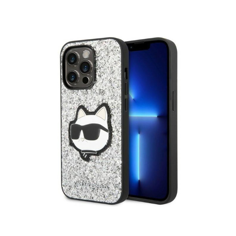 Karl Lagerfeld Glitter Choupette Patch dėklas iPhone 14 Pro - sidabrinis Karl Lagerfeld Glitter Choupette Patch dėklas iPhone 14 Pro - sidabrinis