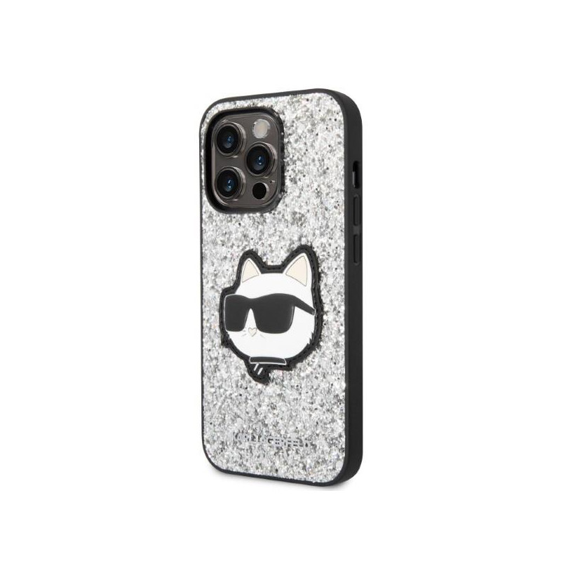 Karl Lagerfeld Glitter Choupette Patch dėklas iPhone 14 Pro - sidabrinis