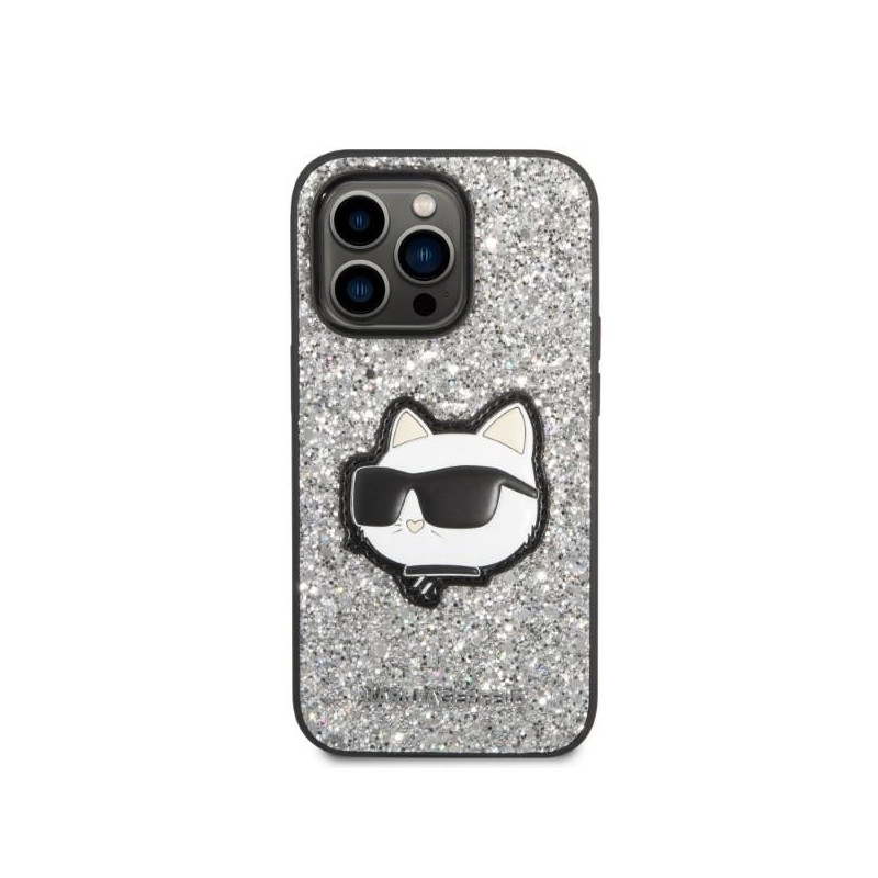 Karl Lagerfeld Glitter Choupette Patch dėklas iPhone 14 Pro - sidabrinis