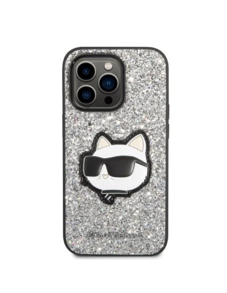 Karl Lagerfeld Glitter Choupette Patch dėklas iPhone 14 Pro - sidabrinis Karl Lagerfeld Glitter Choupette Patch dėklas iPhone 14 Pro - sidabrinis