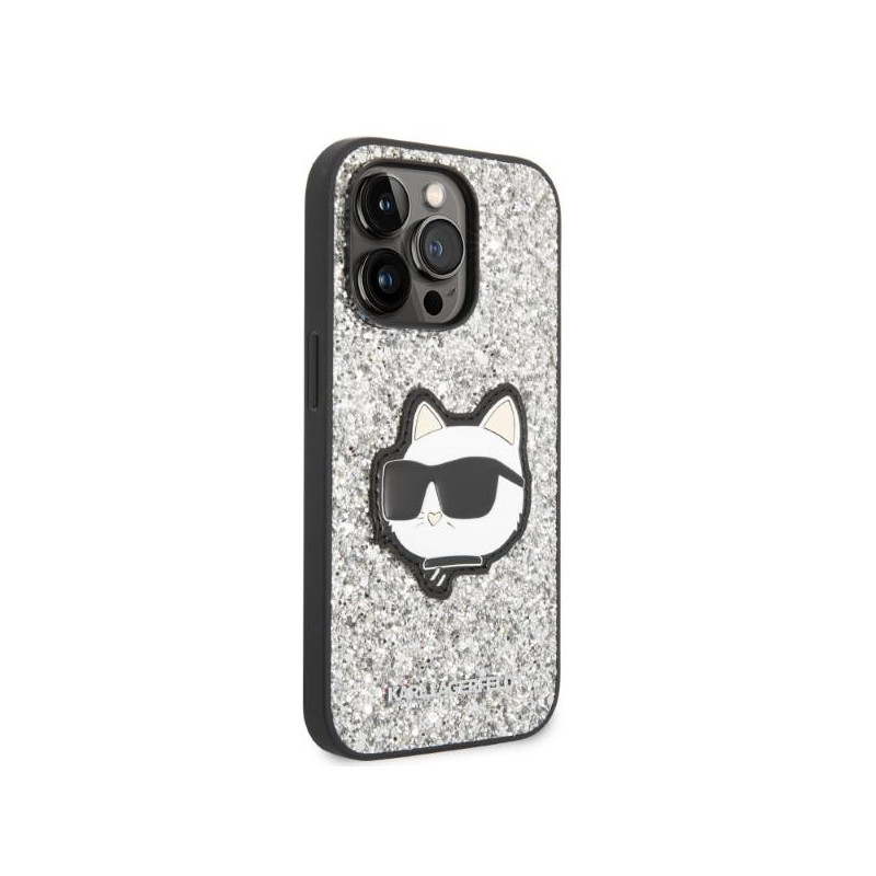 Karl Lagerfeld Glitter Choupette Patch dėklas iPhone 14 Pro - sidabrinis