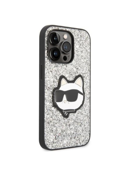 Karl Lagerfeld Glitter Choupette Patch dėklas iPhone 14 Pro - sidabrinis Karl Lagerfeld Glitter Choupette Patch dėklas iPhone 14 Pro - sidabrinis
