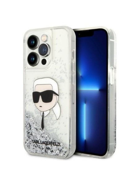 Karl Lagerfeld Glitter Karl& 39 s Head dėklas, skirtas iPhone 14 Pro – sidabrinis