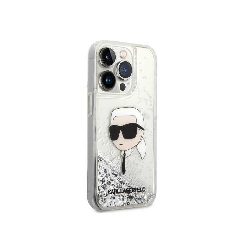 Karl Lagerfeld Glitter Karl& 39 s Head dėklas, skirtas iPhone 14 Pro – sidabrinis