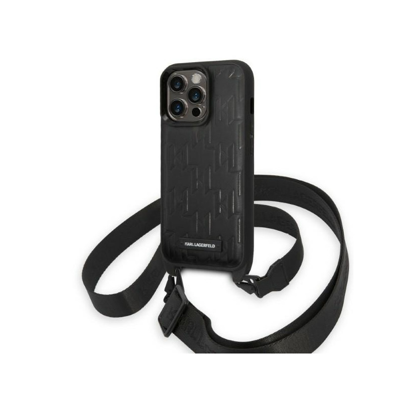 Karl Lagerfeld Monogram Plaque Logo Strap dėklas iPhone 14 Pro - juodas Karl Lagerfeld Monogram Plaque Logo Strap dėklas iPhone 14 Pro - juodas
