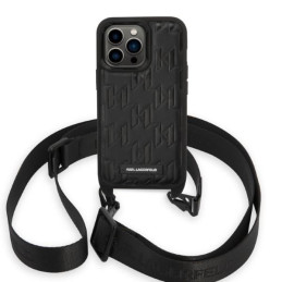 Karl Lagerfeld Monogram Plaque Logo Strap dėklas iPhone 14 Pro - juodas