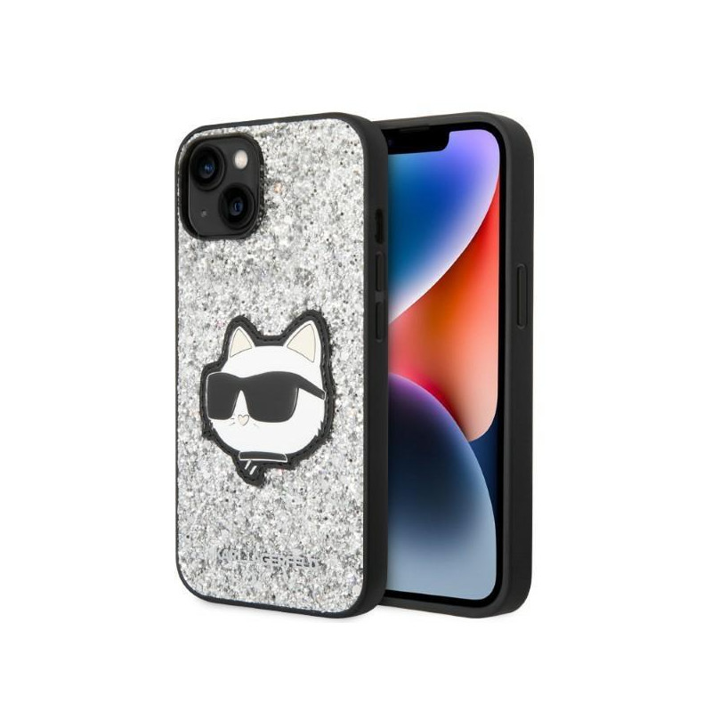 Karl Lagerfeld Glitter Choupette Patch dėklas iPhone 14 Plus - sidabrinis