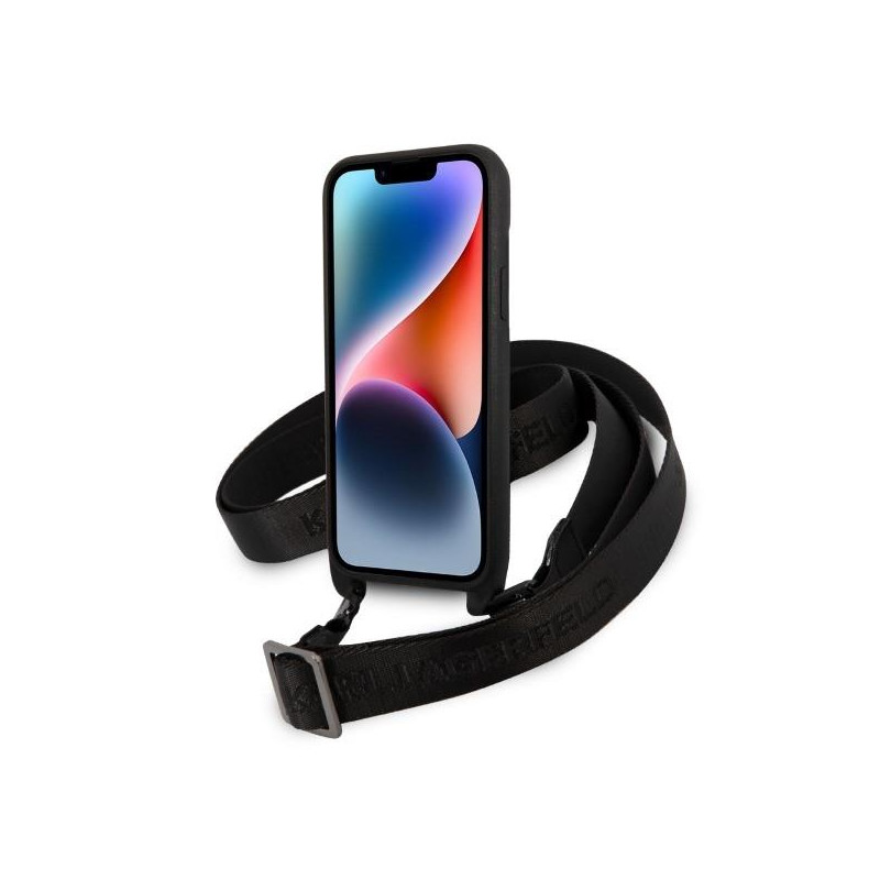 Karl Lagerfeld Monogram Plaque Logo Strap dėklas iPhone 14 Plus - juodas