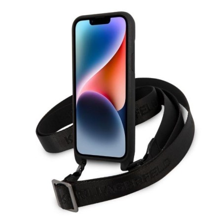 Karl Lagerfeld Monogram Plaque Logo Strap dėklas iPhone 14 Plus - juodas Karl Lagerfeld Monogram Plaque Logo Strap dėklas iPhone 14 Plus - juodas