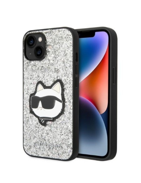 Karl Lagerfeld Glitter Choupette Patch dėklas iPhone 14 - sidabrinis Karl Lagerfeld Glitter Choupette Patch dėklas iPhone 14 - sidabrinis