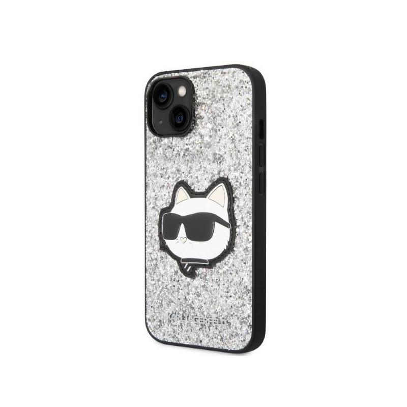 Karl Lagerfeld Glitter Choupette Patch dėklas iPhone 14 - sidabrinis