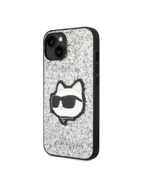 Karl Lagerfeld Glitter Choupette Patch dėklas iPhone 14 - sidabrinis Karl Lagerfeld Glitter Choupette Patch dėklas iPhone 14 - sidabrinis