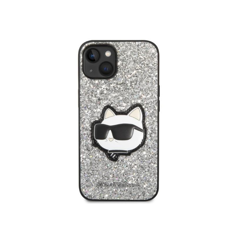 Karl Lagerfeld Glitter Choupette Patch dėklas iPhone 14 - sidabrinis