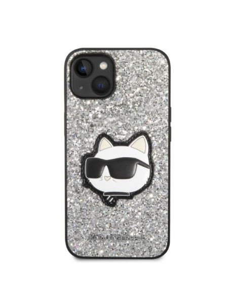 Karl Lagerfeld Glitter Choupette Patch dėklas iPhone 14 - sidabrinis Karl Lagerfeld Glitter Choupette Patch dėklas iPhone 14 - sidabrinis