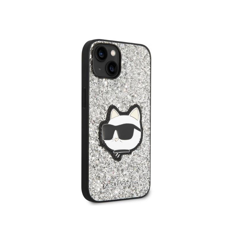 Karl Lagerfeld Glitter Choupette Patch dėklas iPhone 14 - sidabrinis