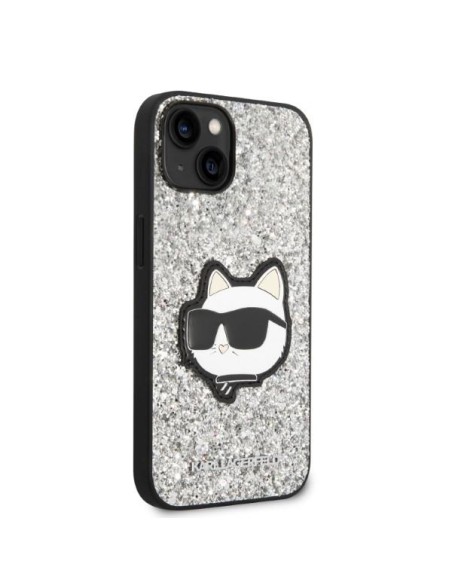 Karl Lagerfeld Glitter Choupette Patch dėklas iPhone 14 - sidabrinis Karl Lagerfeld Glitter Choupette Patch dėklas iPhone 14 - sidabrinis