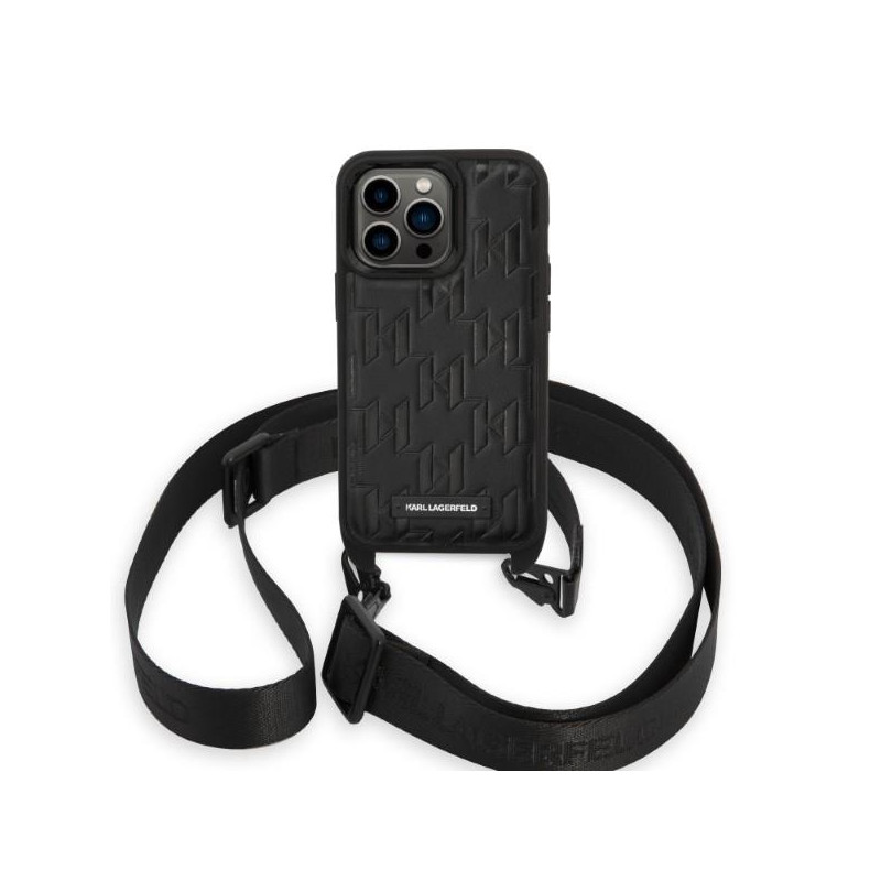 Karl Lagerfeld Monogram Plaque Logo Strap dėklas iPhone 14 Pro Max - juodas