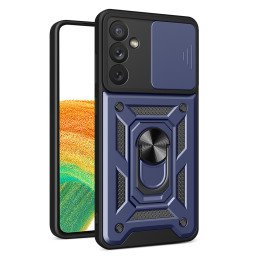 Hybrid Armor Camshield dėklas Samsung Galaxy A14, šarvuotas dangtelis su fotoaparato dangteliu, mėlynas