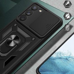 Hybrid Armor Camshield dėklas Samsung Galaxy A14, šarvuotas dangtelis su fotoaparato dangteliu, mėlynas