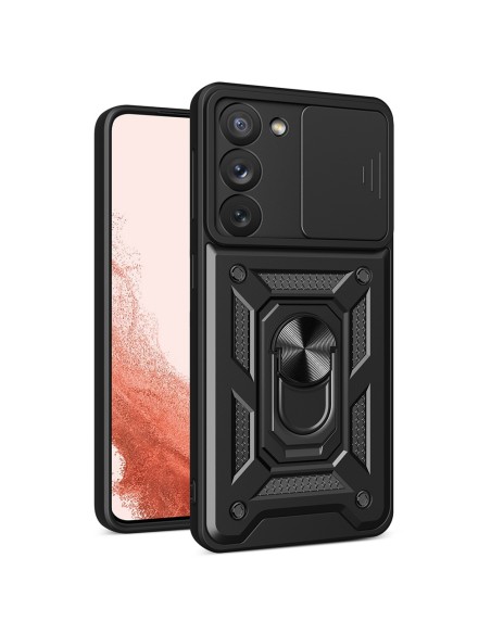 Hybrid Armor Camshield dėklas Samsung Galaxy S23+ šarvuotas dangtelis su fotoaparato dangteliu juodas