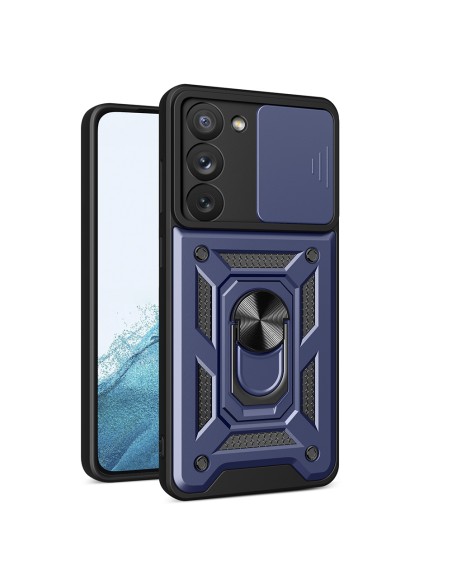 Hybrid Armor Camshield dėklas, skirtas Samsung Galaxy S23, šarvuotas dangtelis su fotoaparato dangteliu, mėlynas
