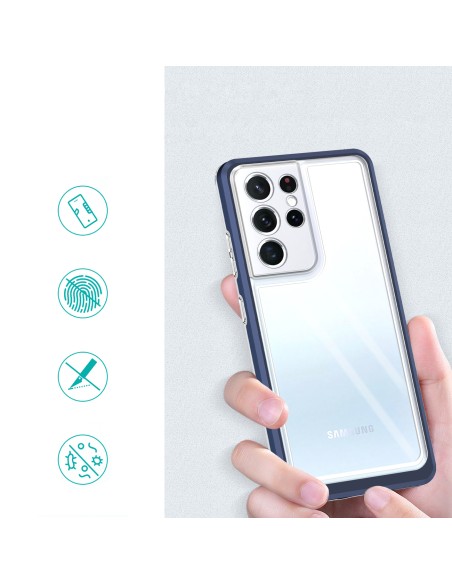 Skaidrus 3in1 dėklas skirtas Samsung Galaxy S23 Ultra silikoninis dangtelis su mėlynu rėmeliu