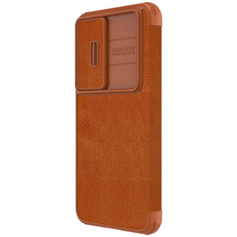 Nillkin Qin Leather Pro Case Dėklas, skirtas Samsung Galaxy S23+ dangtelis su apverčiama kameros apsauga, ruda