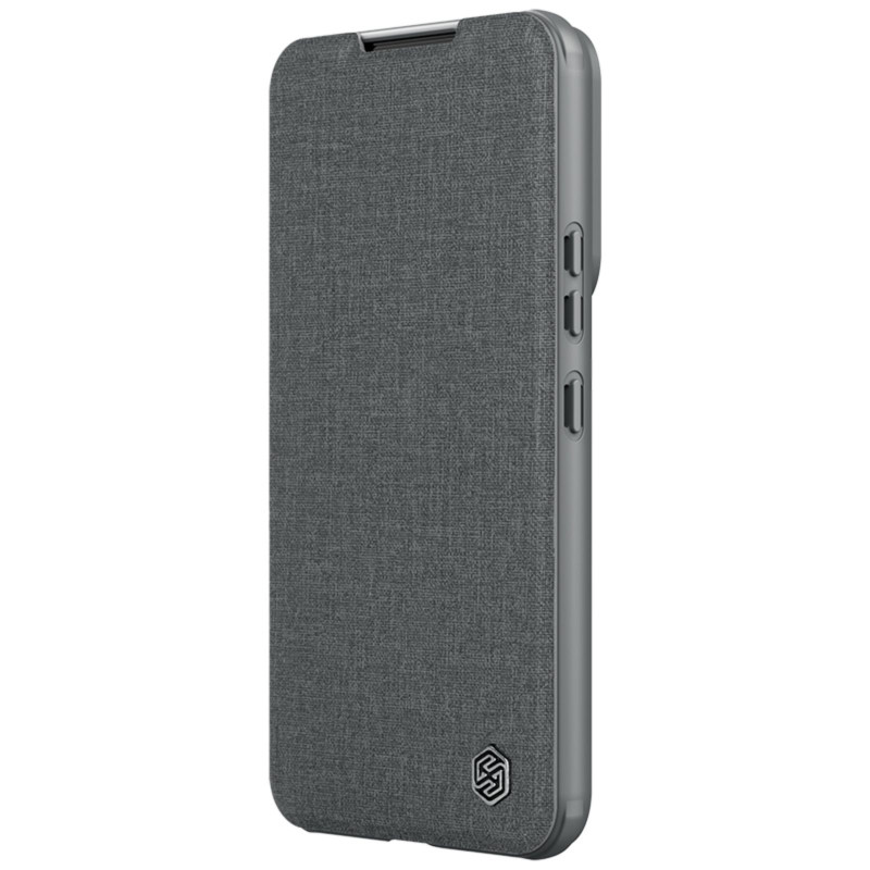 Nillkin Qin Cloth Pro Case dėklas, skirtas Samsung Galaxy S23+ dangteliu su atvartu, pilkos spalvos