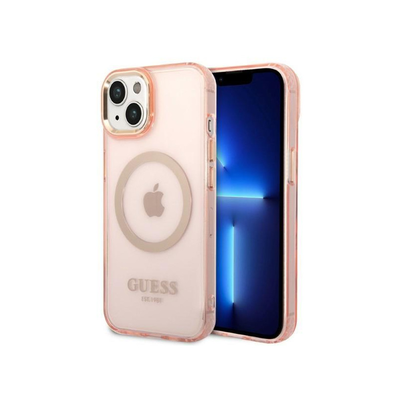 Guess Gold Outline permatomas MagSafe dėklas iPhone 14 - rožinis