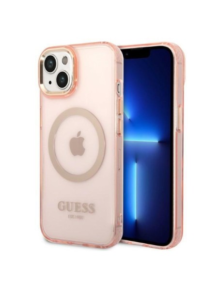 Guess Gold Outline permatomas MagSafe dėklas iPhone 14 - rožinis Guess Gold Outline permatomas MagSafe dėklas iPhone 14 - rožinis