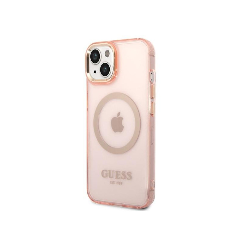 Guess Gold Outline permatomas MagSafe dėklas iPhone 14 - rožinis
