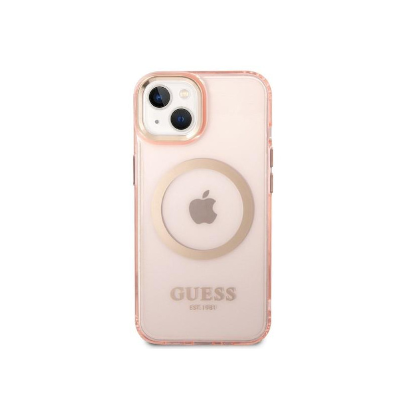Guess Gold Outline permatomas MagSafe dėklas iPhone 14 - rožinis
