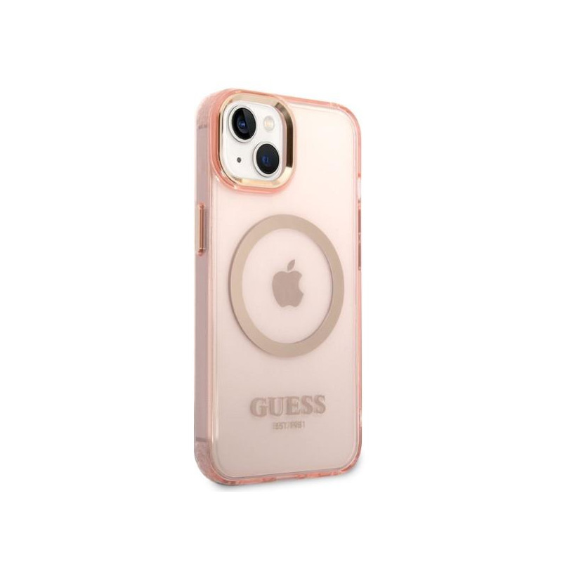 Guess Gold Outline permatomas MagSafe dėklas iPhone 14 - rožinis