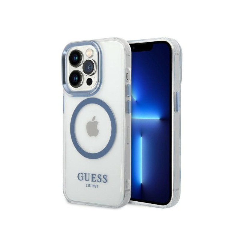 Guess Metal Outline Magsafe dėklas, skirtas iPhone 14 Pro Max - mėlynas Guess Metal Outline Magsafe dėklas, skirtas iPhone 14 Pro Max - mėlynas