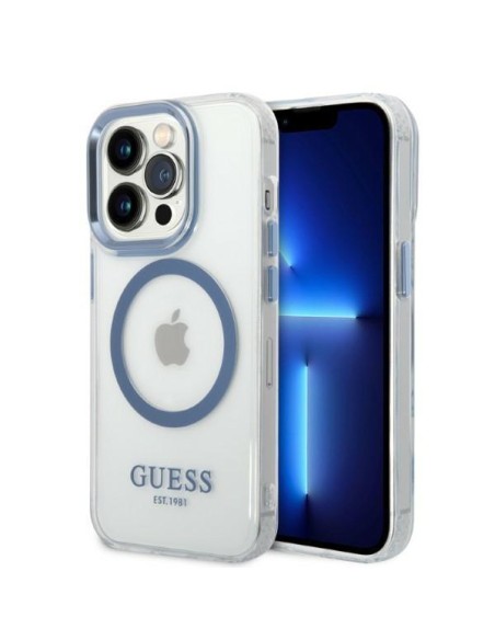 Guess Metal Outline Magsafe dėklas, skirtas iPhone 14 Pro Max - mėlynas
