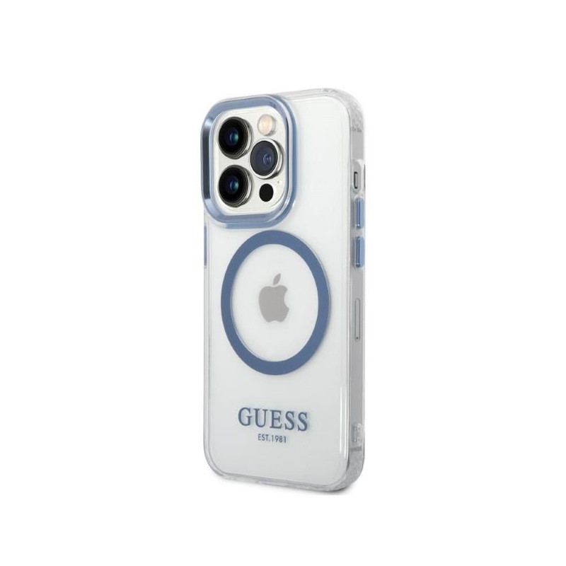 Guess Metal Outline Magsafe dėklas, skirtas iPhone 14 Pro Max - mėlynas