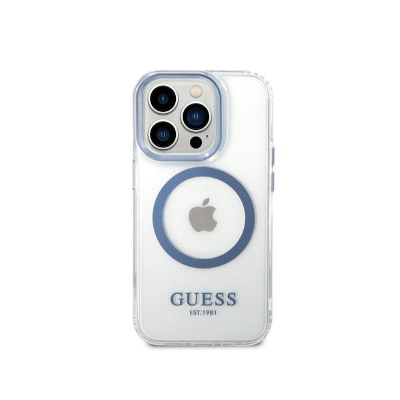 Guess Metal Outline Magsafe dėklas, skirtas iPhone 14 Pro Max - mėlynas
