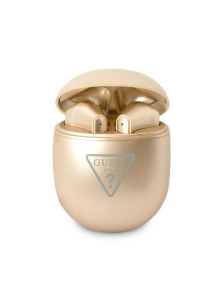 Guess Triangle Logo Bluetooth TWS ausinės + prijungimo stotelė - auksinė Guess Triangle Logo Bluetooth TWS ausinės + prijungimo stotelė - auksinė