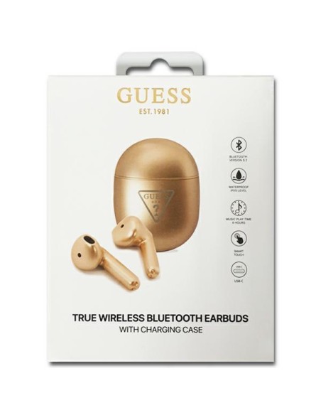 Guess Triangle Logo Bluetooth TWS ausinės + prijungimo stotelė - auksinė Guess Triangle Logo Bluetooth TWS ausinės + prijungimo stotelė - auksinė