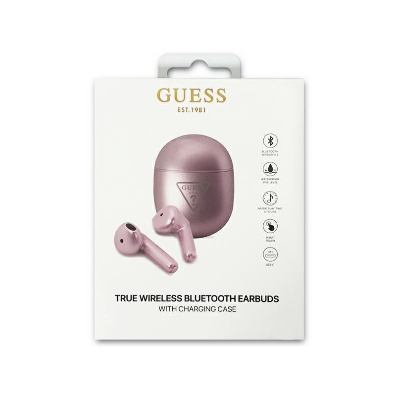 Guess Bluetooth ausinės GUTWST82TRU TWS + prijungimo stotelė violetinė/ violetinė trikampio logotipas