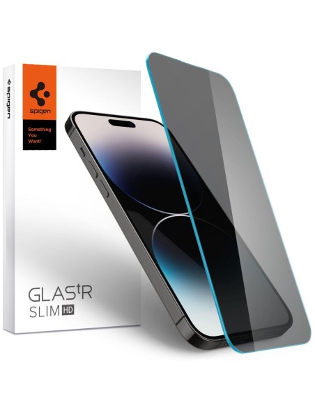 „Spigen Glas.tR Slim Privacy“ grūdintas stiklas, skirtas „iPhone 14 Pro“. „Spigen Glas.tR Slim Privacy“ grūdintas stiklas, skirtas „iPhone 14 Pro“.
