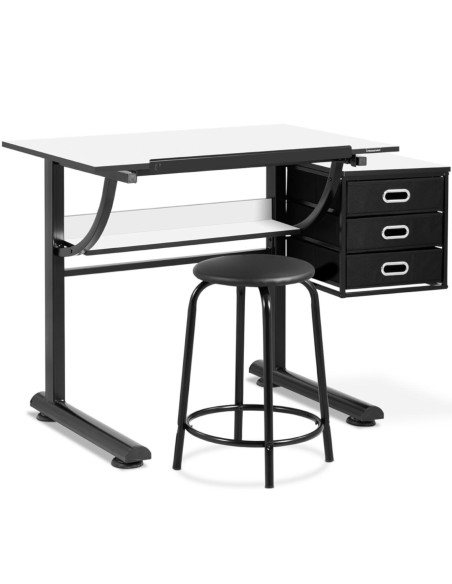 Stalinis pakreipiamas braižymo stalas su stalčiais ir taburete 90 x 60 cm juodai baltas Stalinis pakreipiamas braižymo stalas su stalčiais ir taburete 90 x 60 cm juodai baltas